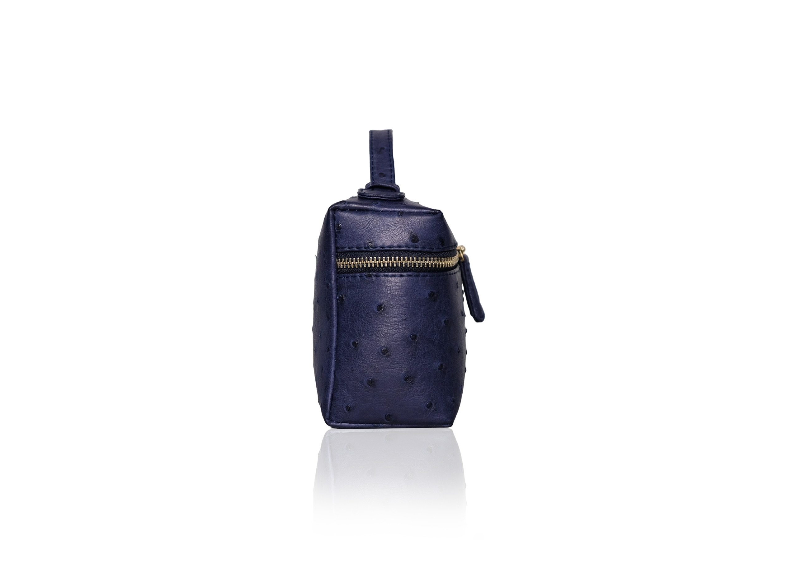 Side view Picco Ostrich Navy – tas kulit ostrich asli, genuine exotic ostrich leather mini bag luxury fashion