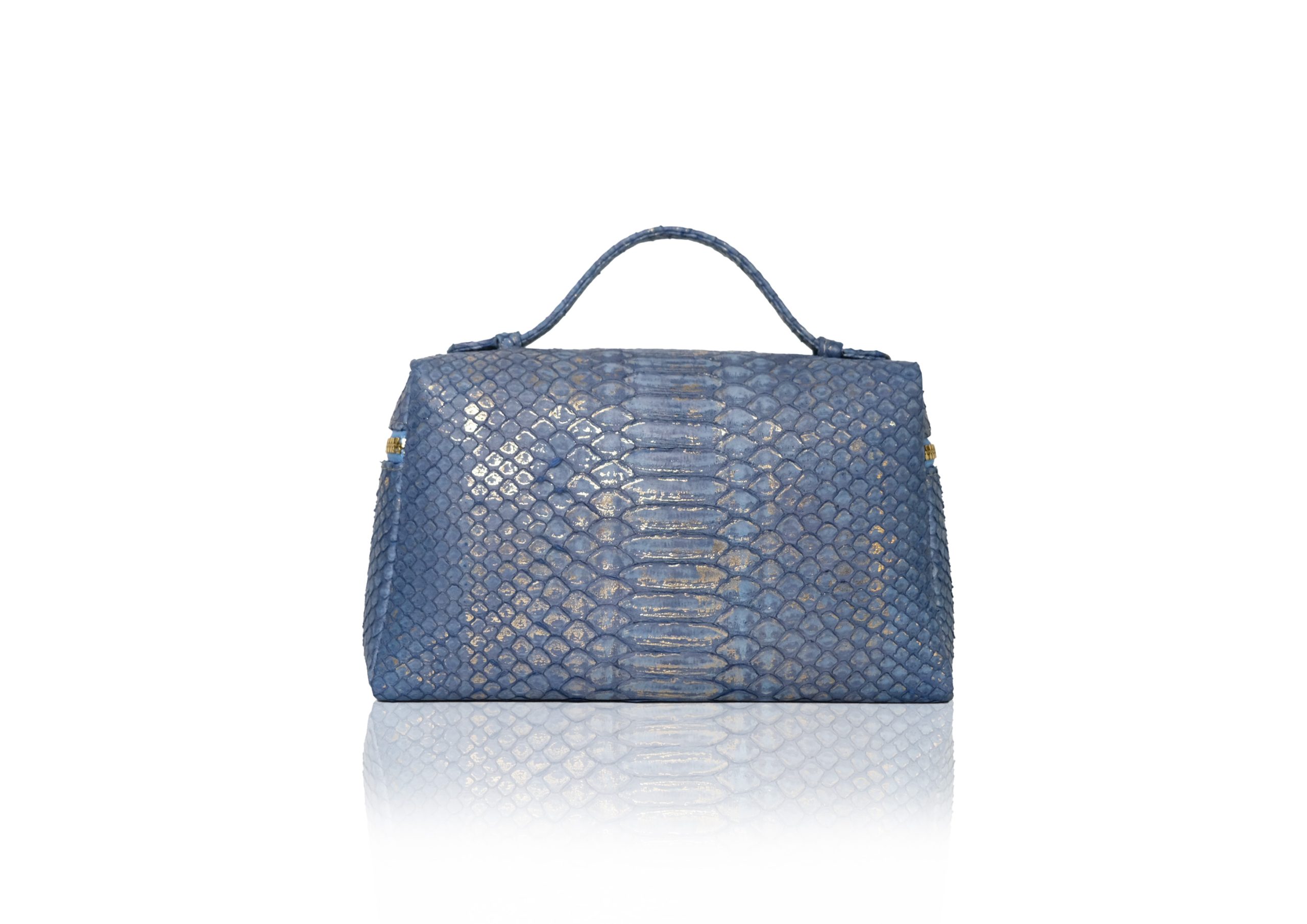 Back view Picco Python Dusty Blue Gold – timeless genuine exotic python leather handbag elegan
