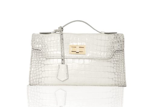 Tas kulit buaya asli KYRA Luna 29 Croco Himalayan berwarna putih abu-abu dengan aksen gold clasp, luxury handbag wanita elegan