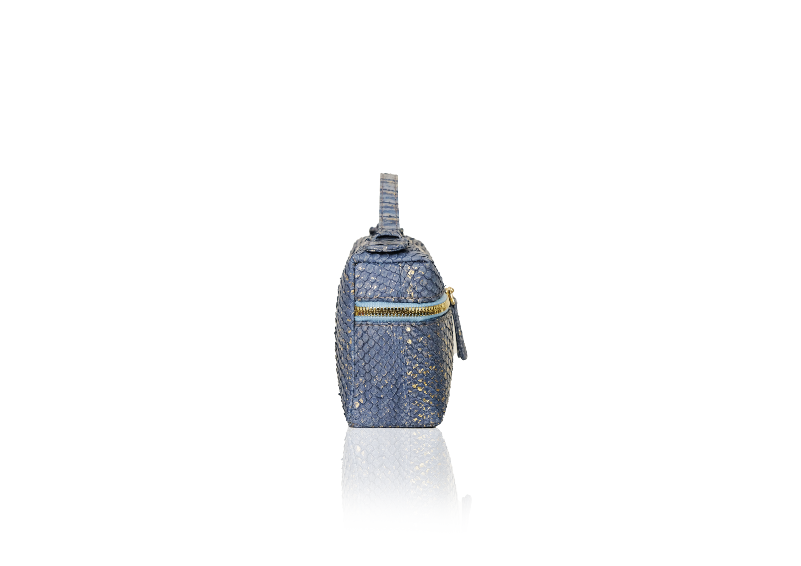 Side view Picco 19 Python Dusty Blue Gold – tas kulit python eksotis, genuine python leather mini bag luxury fashion