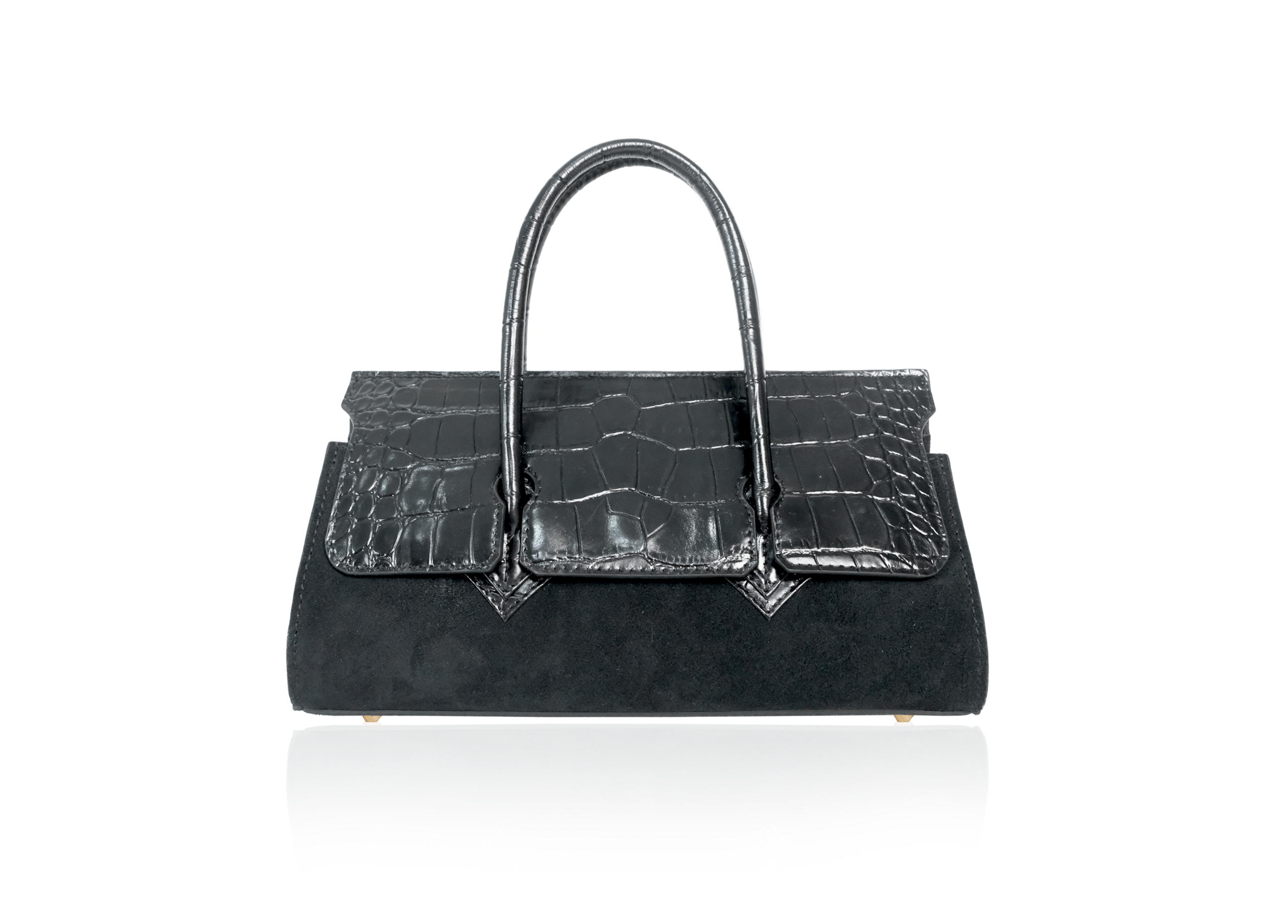 Adriana Lungo in Black Suede and Black Croc Effect Flap